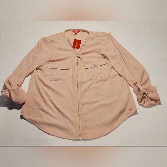 NWT Guess Blush Pink Zip Front Semi Sheer Long Sleeve Blouse Large - Picture 3 of 12